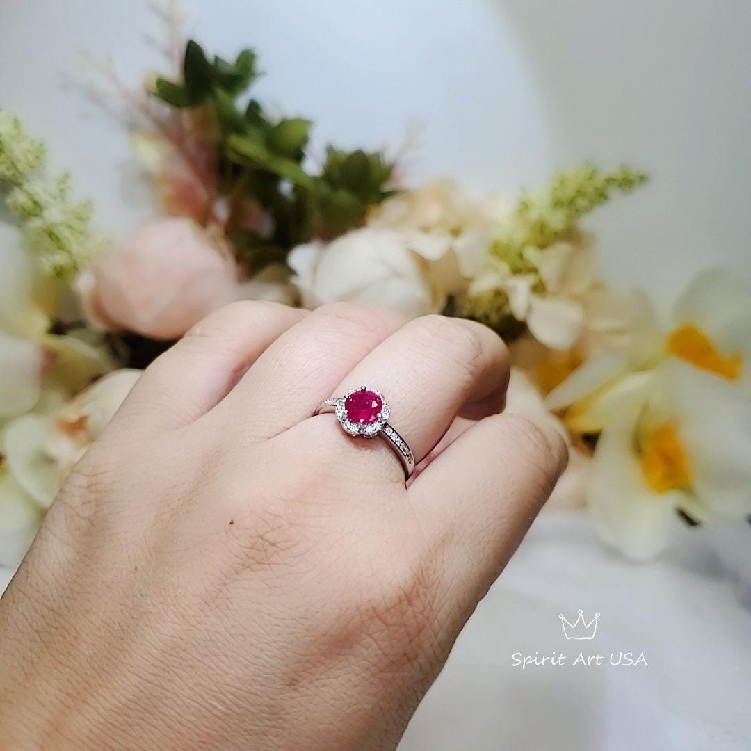 Tiny Ruby Flower Ring, Sterling Silver 0.85 CT, Red Ruby Ring, July Birthstone Gemstone Jewelry ring 1058