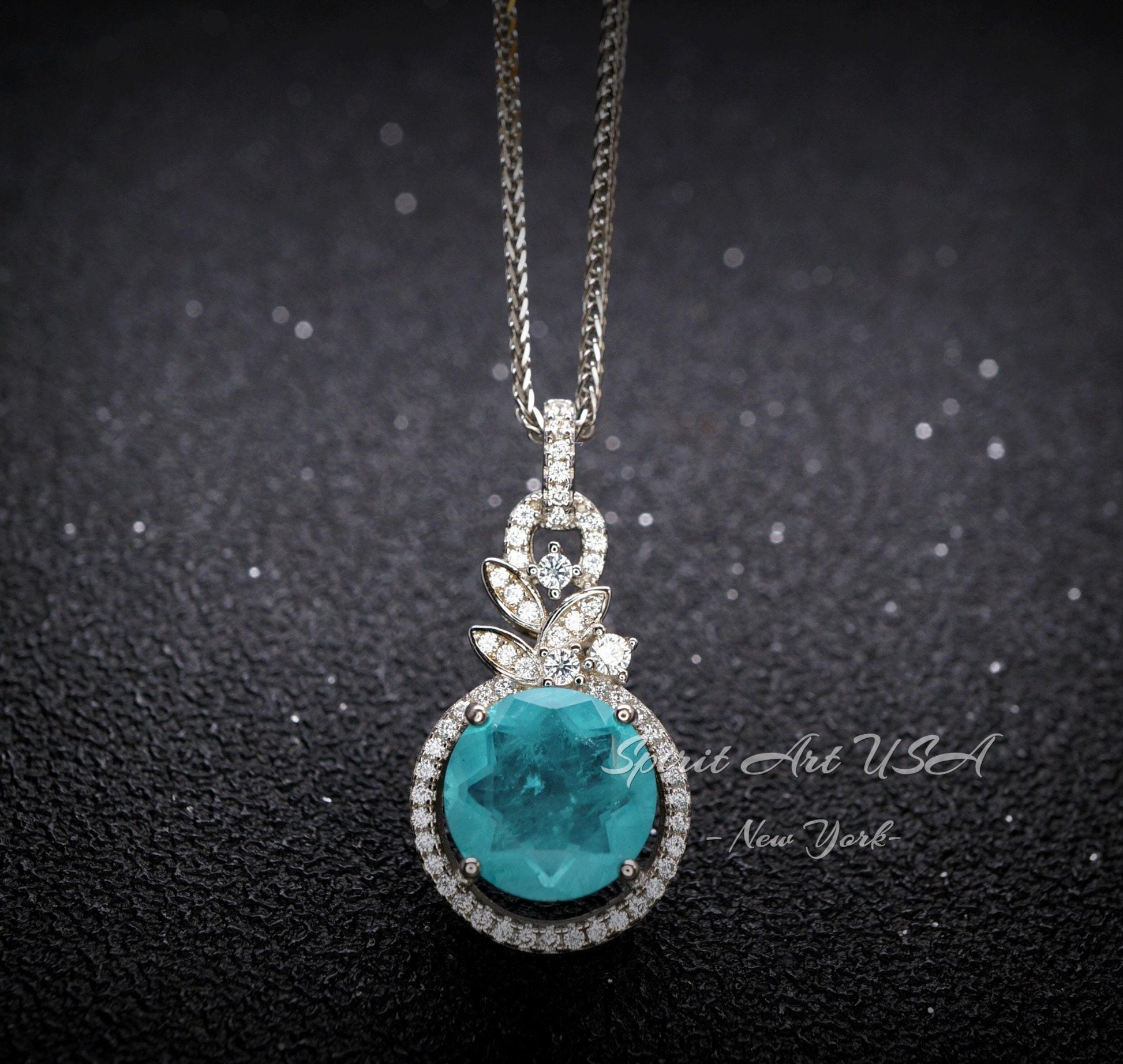 4 CT Blue Paraiba Tourmaline Necklace - 18KGP Sterling Silver - Gemstone Flower Petal - Unique Design Paraiba Pendant #179