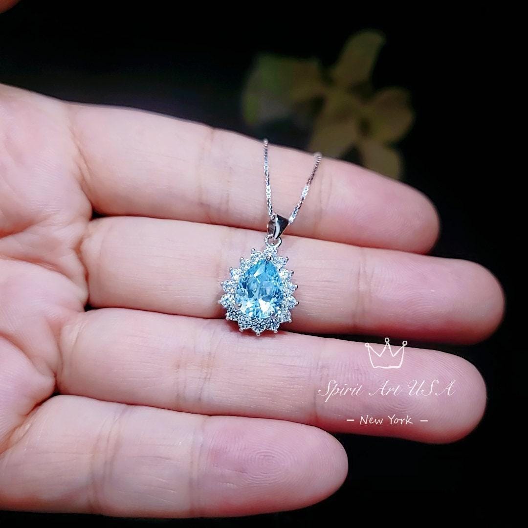 Teardrop Aquamarine Necklace, Sterling Silver 2.5 ct Blue Aquamarine Pendant, Gemstone Halo Pear Blue Gemstone Jewelry #133