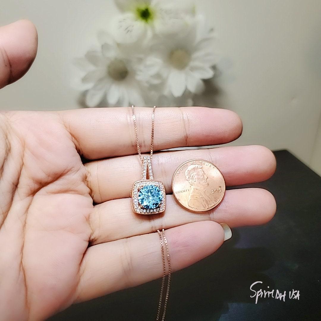 Round Aquamarine Necklace - Rose Gold Square Blue Stone Pendant - Solitaire 8 mm Blue Aquamarine Jewelry #140