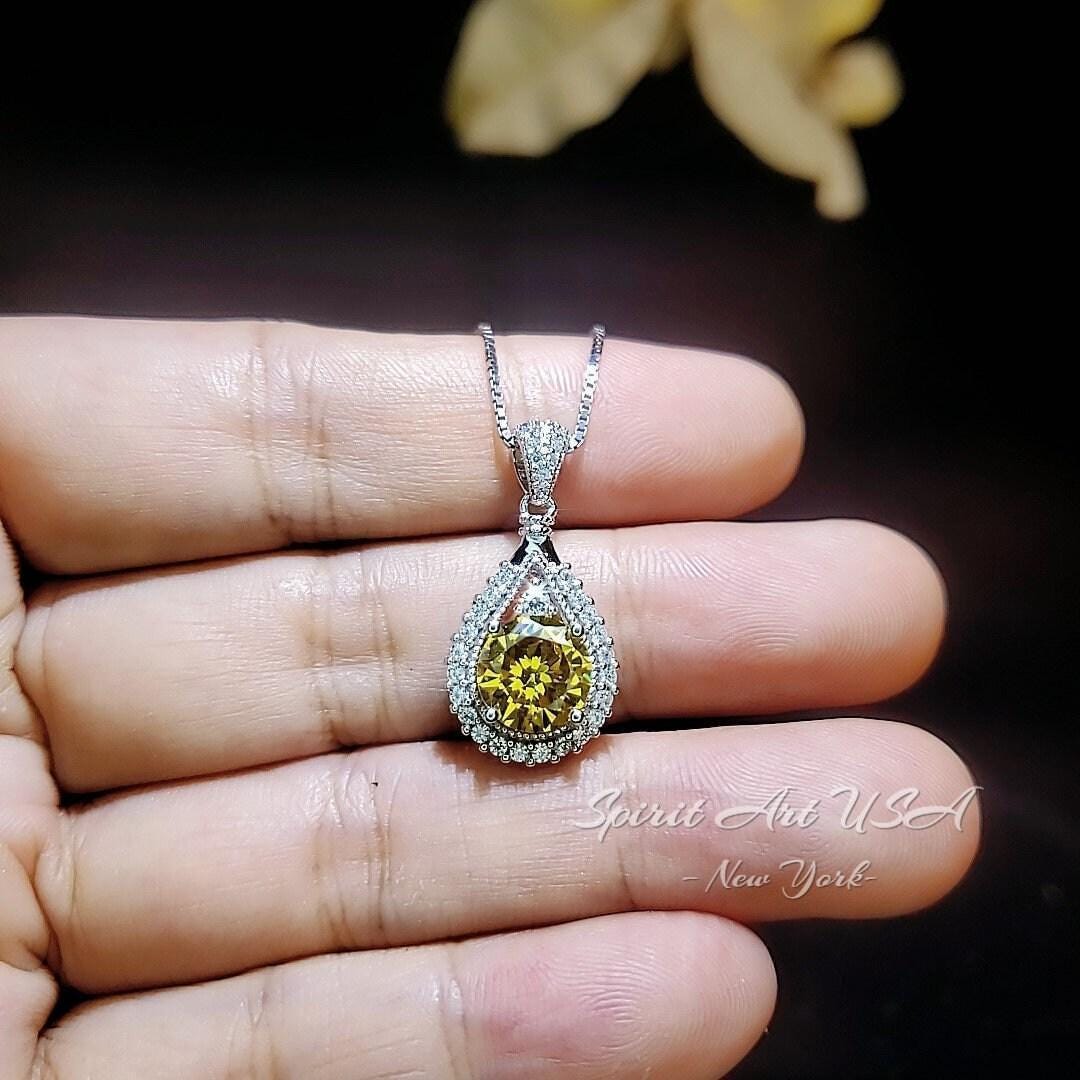 Moissanite Yellow Diamond Necklace - Lab Created Citrine Round 2.2 CT Fashion Pendant - 18KGP & Sterling Silver - November Birthstone #178