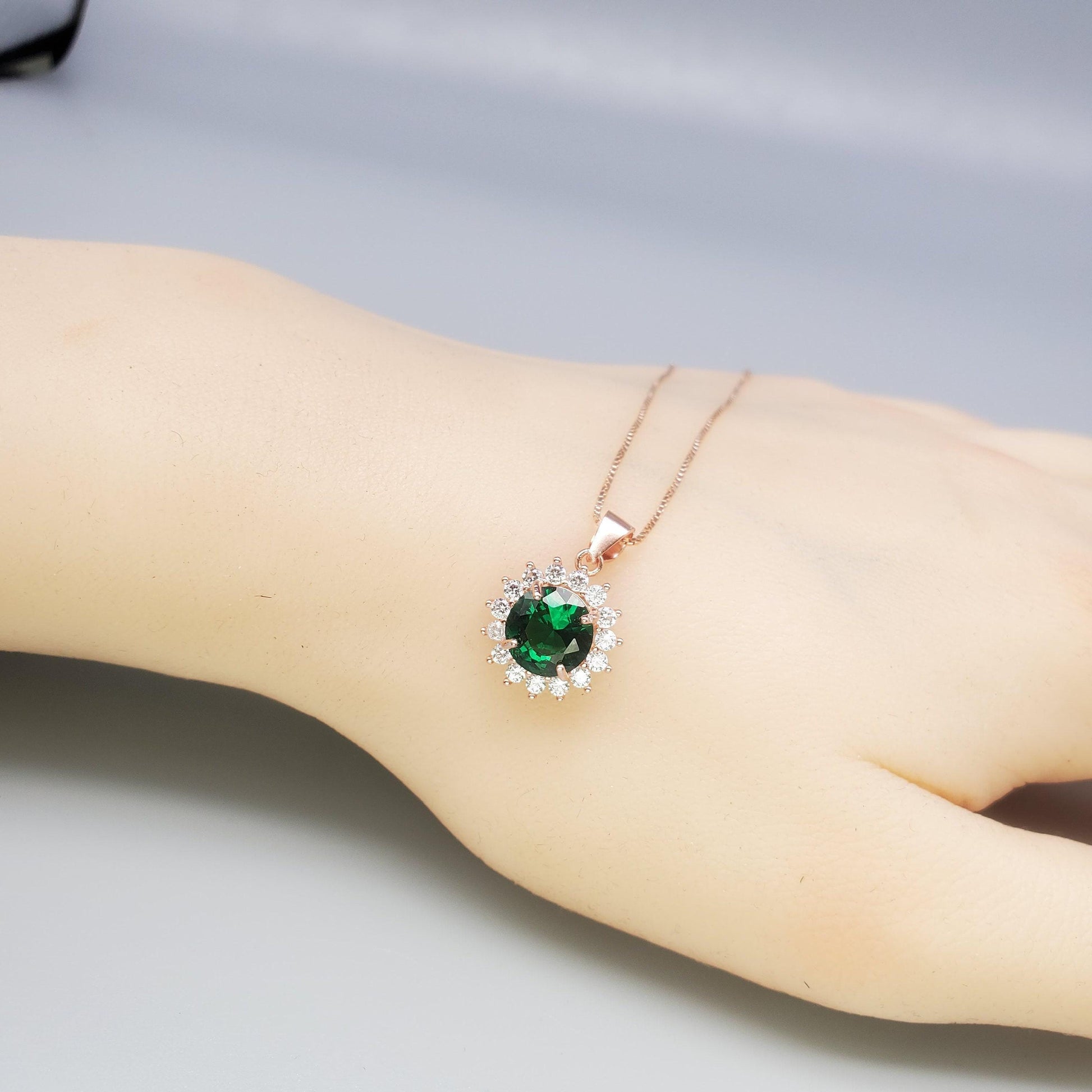 Rose Gold Coated 925 Sterling Silver Round 8mm 2 Ct Emerald Necklace - Princess Diana Halo Solitaire May Birthstone Emerald Pendant #145