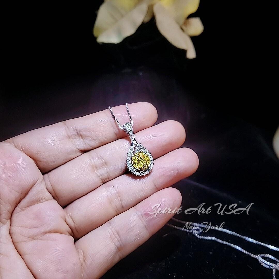 Moissanite Yellow Diamond Necklace - Lab Created Citrine Round 2.2 CT Fashion Pendant - 18KGP & Sterling Silver - November Birthstone #178