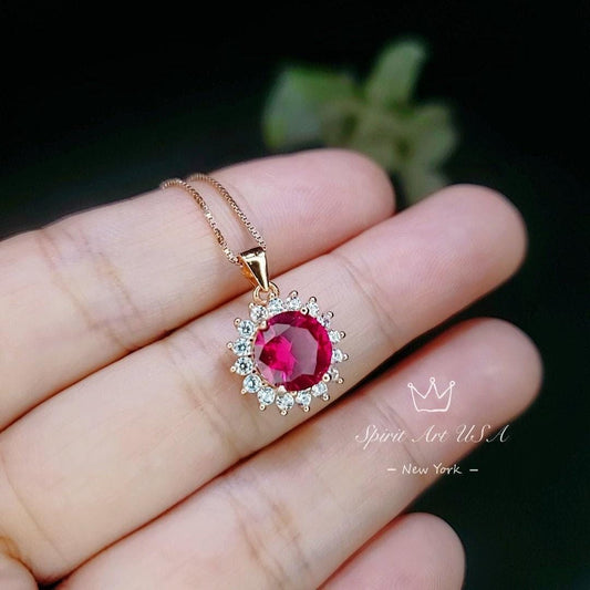 Red Ruby Pendant Necklace 8mm Solitaire Gemstone Yellow Rose gold July birthstone jewelry #126