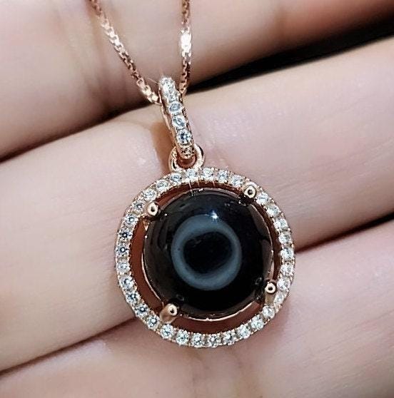 Solitaire Black Onyx Necklace , Classic 4 CT Natural Genuine Onyx Pendant - 18KGP @ Sterling Silver - Black Gemstone Protective Stone #159