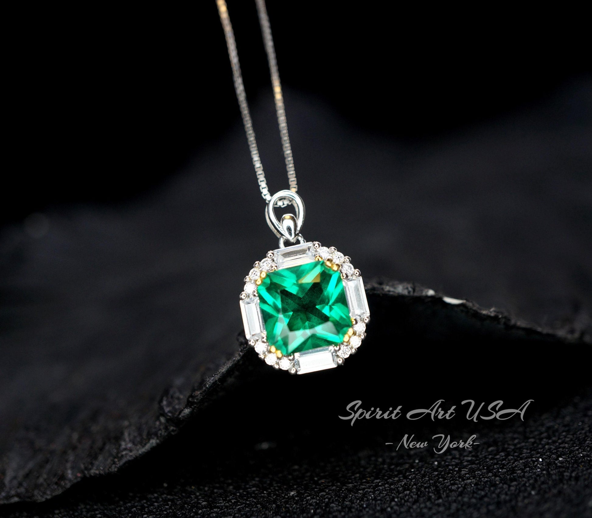 Gemstone Square Emerald Necklace - 18kgp @ Sterling Silver - Dainty Green Emerald Jewelry - May Birthstone #305