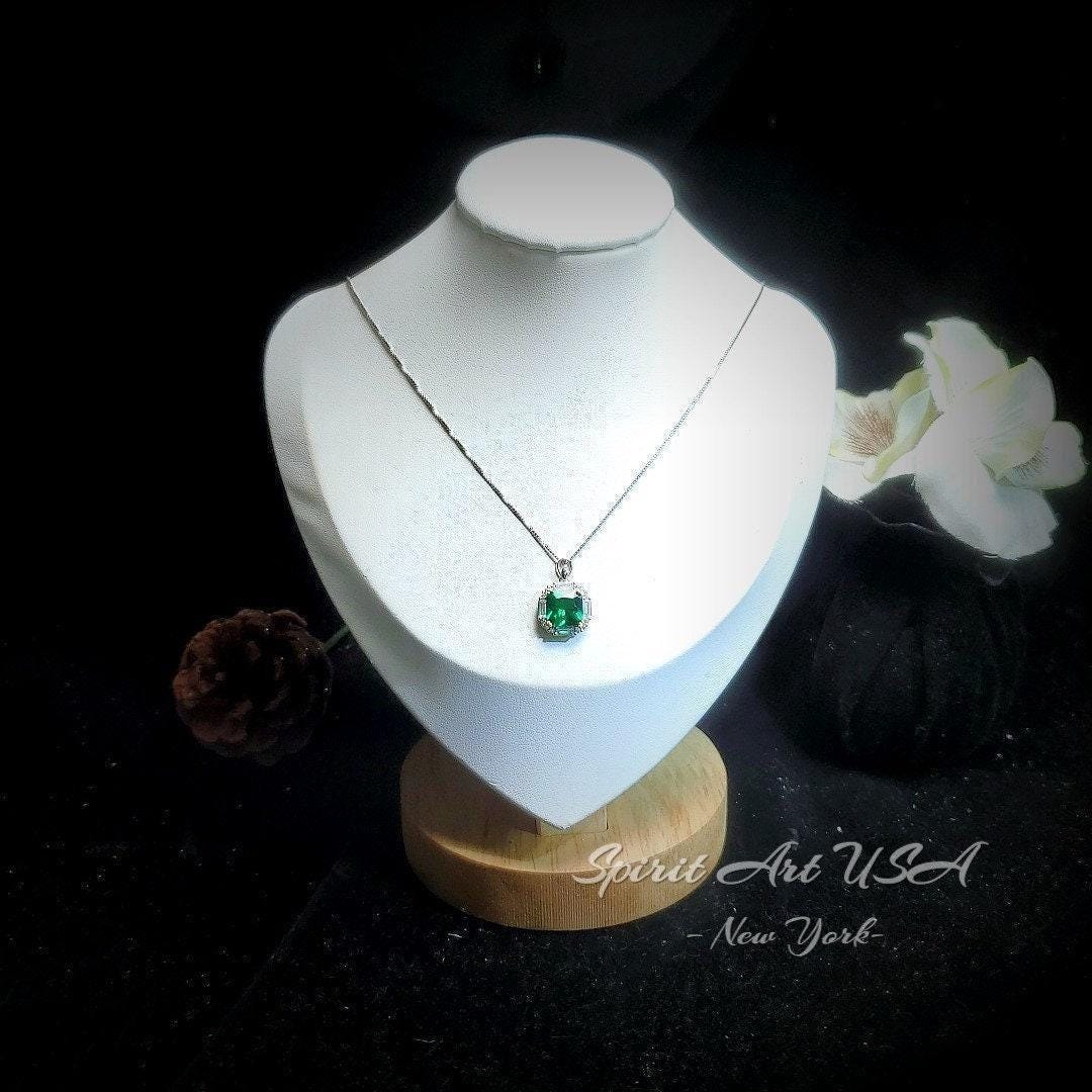 Gemstone Square Emerald Necklace - 18kgp @ Sterling Silver - Dainty Green Emerald Jewelry - May Birthstone #305