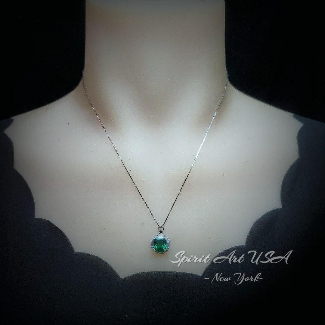 Gemstone Square Emerald Necklace - 18kgp @ Sterling Silver - Dainty Green Emerald Jewelry - May Birthstone #305