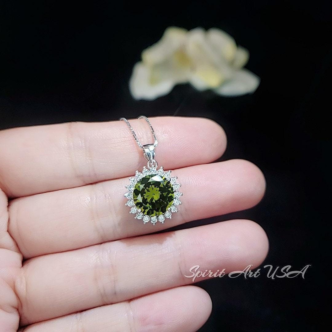 Large Round Peridot Necklace - Sterling Silver Halo 10 mm 4 CT Princess Diana Style Peridot #143