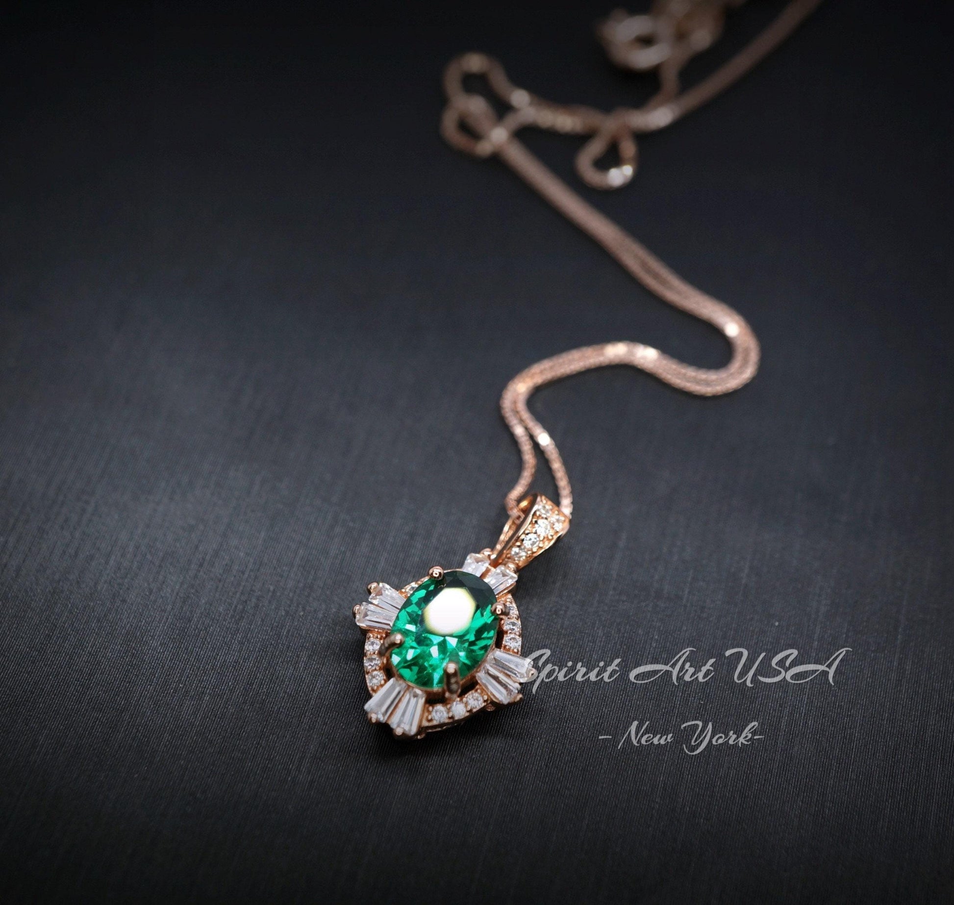 Green Emerald Necklace, Rose Gold coating 925 Sterling Silver Box Chain, Green Stone Emerald Jewelry #128