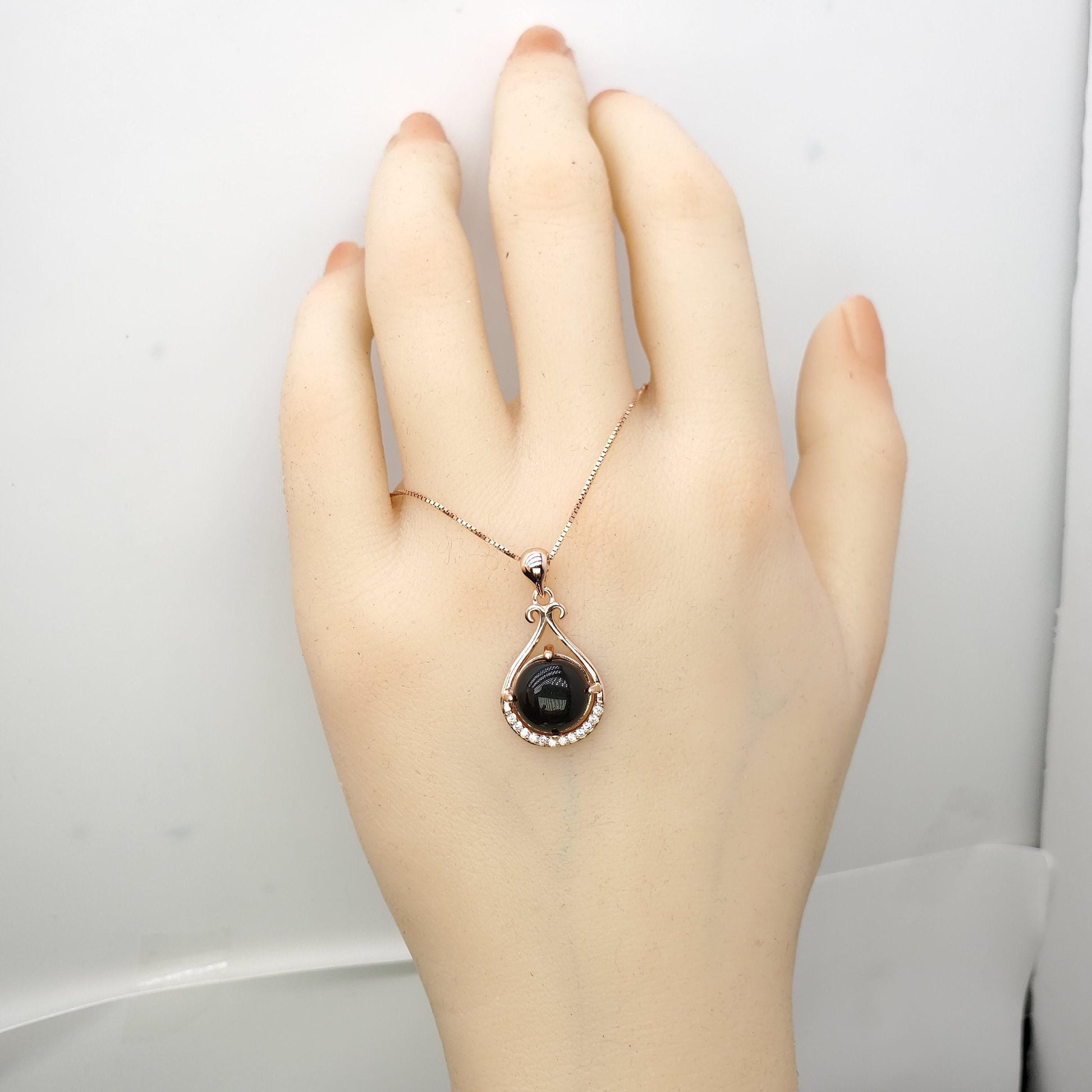 Black Onyx Necklace - Rose Gold coated 925 Sterling Silver Black Agate - Pendant High Frequency Protective Energy Root Chakra Healing #147
