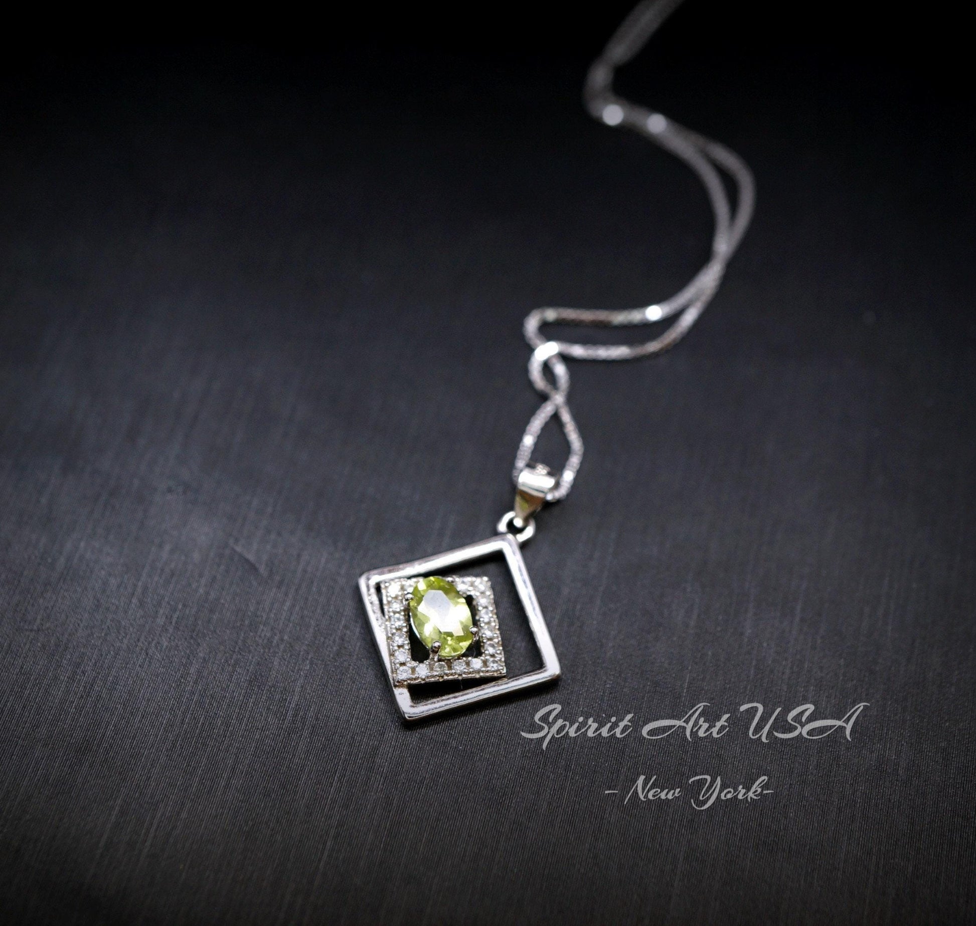 Tiny Geometric Square Peridot Necklace, Double Square, Genuine Natural Peridot Pendant Sterling Silver White Gold Plated #168