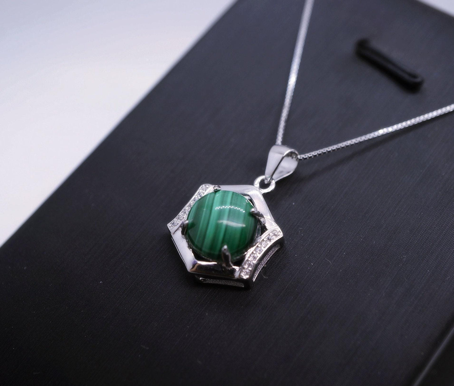 Genuine Malachite Necklace Silver - 925 Sterling Silver Green Malachite Pendant , Geometric Hexagonal Malachite Jewelry #137