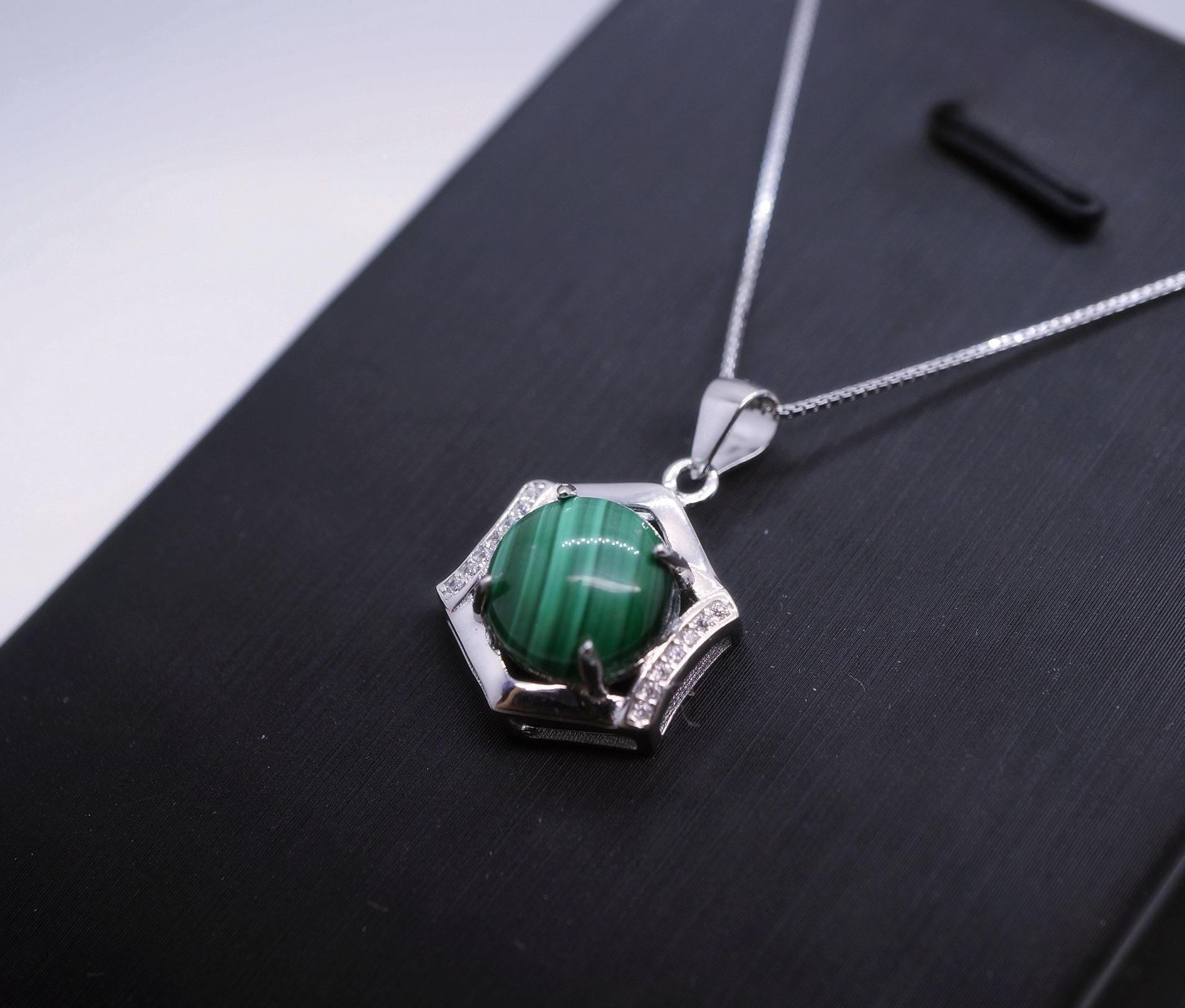 Genuine Malachite Necklace Silver - 925 Sterling Silver Green Malachite Pendant , Geometric Hexagonal Malachite Jewelry #137