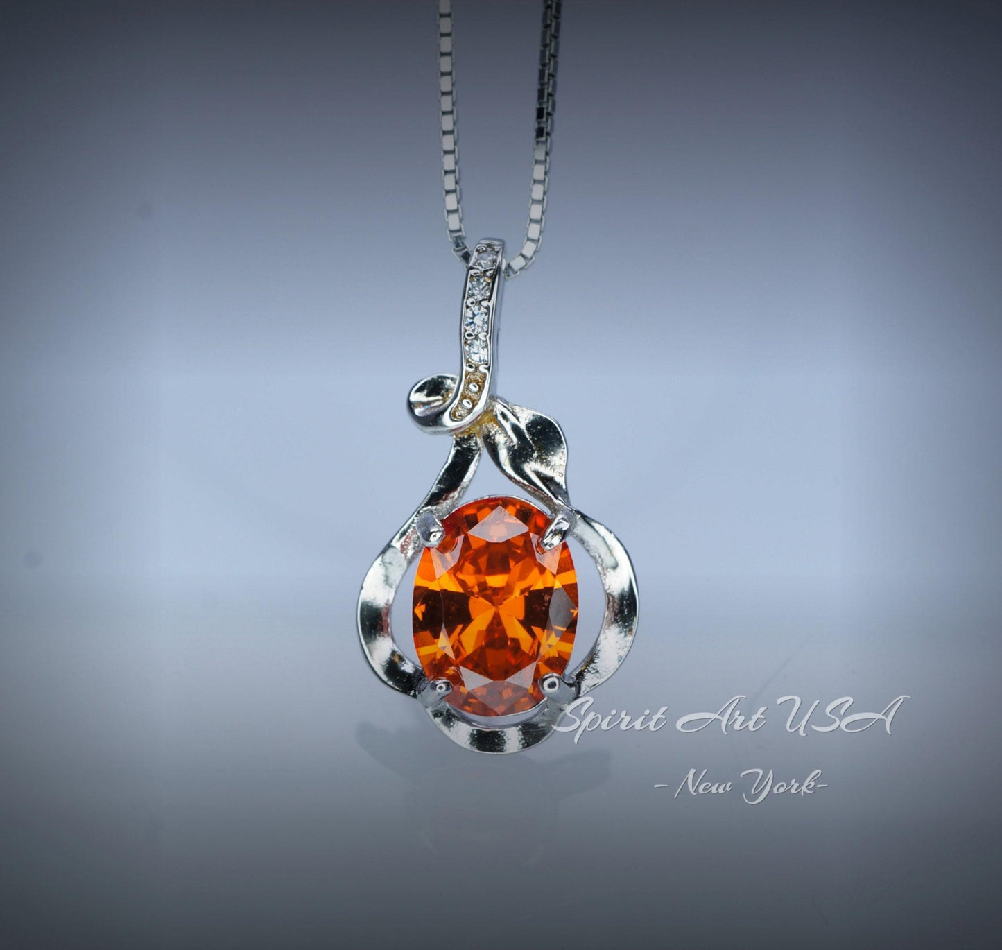 Sterling Silver Sunstone Necklace - 18kgp @ Sterling Silver - 1.8 CT Orange Tangerine Spessartite Garnet Pendant #154