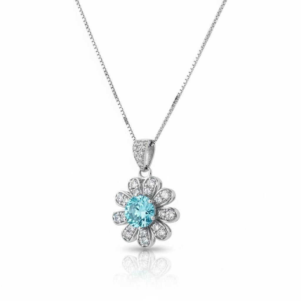 Aquamarine Necklace Sterling Silver Sunflower Pendant Sim Gemstone 1 Ct Blue Gemstone Pendant White Gold March Birthstone Tiny Floral 054