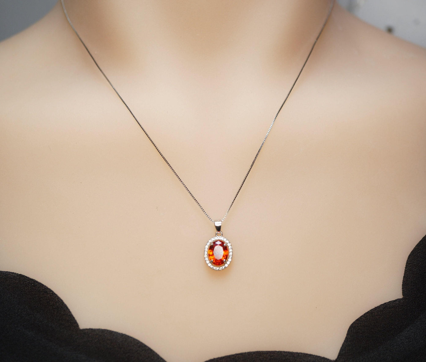Sunstone Necklace - Tangerine Sapphire Jewelry- Oval Halo Orange Spessartite Garnet Pendant - 18KGP @ Sterling Silver #146
