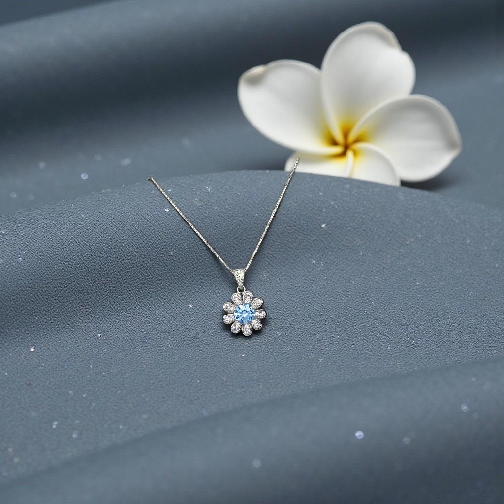 Aquamarine Necklace Sterling Silver Sunflower Pendant Sim Gemstone 1 Ct Blue Gemstone Pendant White Gold March Birthstone Tiny Floral 054