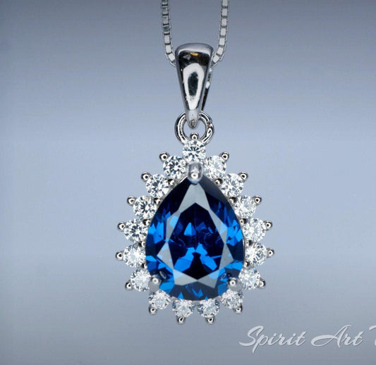 Teardrop Blue Sapphire Necklace Gemstone Halo 2.1 CT Sapphire Pendant Sterling Silver Pear Blue Gemstone Jewelry #394
