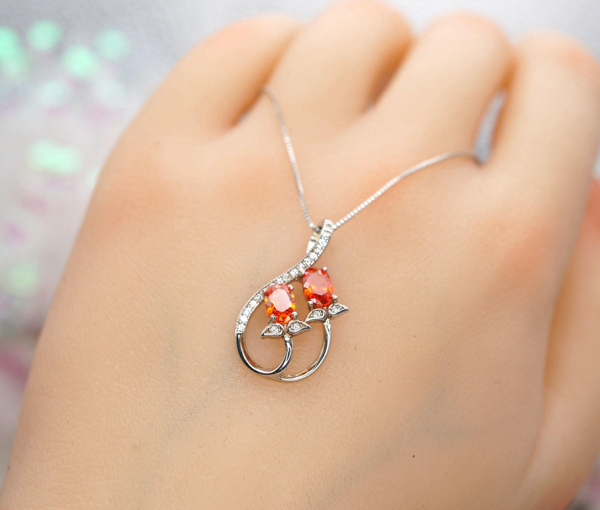 Red Orange Sunstone Necklace Spessartite Garnet Necklace - Sterling Silver Tangerine Sapphire Leaf Orange Gemstone Jewelry #271