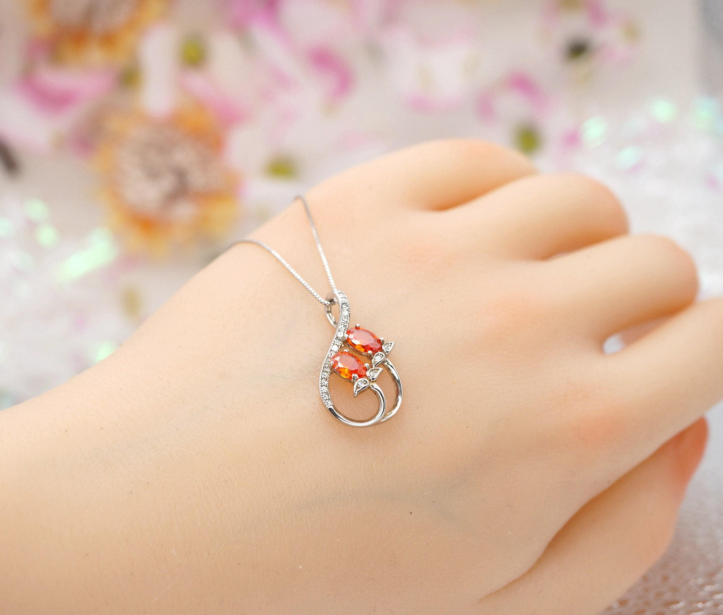 Red Orange Sunstone Necklace Spessartite Garnet Necklace - Sterling Silver Tangerine Sapphire Leaf Orange Gemstone Jewelry #271
