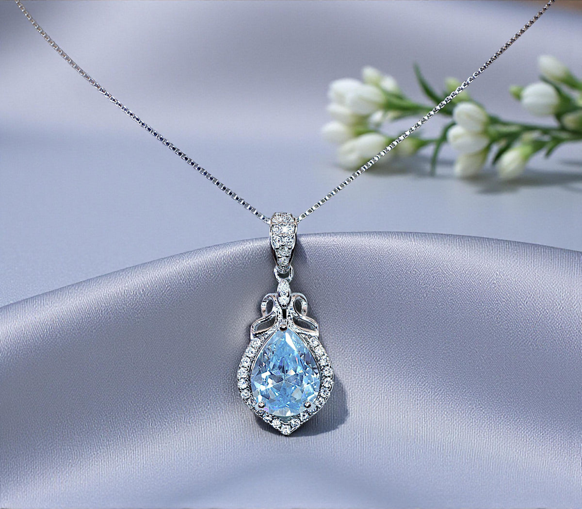 Aquamarine Necklace - 18KGP @ Sterling Silver Blue Aquamarine Pendant - Mini Teardrop Blue Gemstone March Birthstone #297