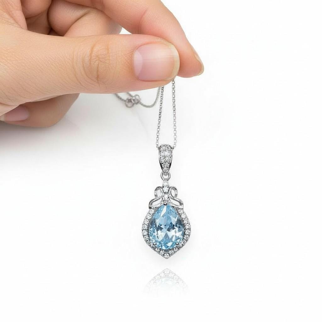 Aquamarine Necklace - 18KGP @ Sterling Silver Blue Aquamarine Pendant - Mini Teardrop Blue Gemstone March Birthstone #297