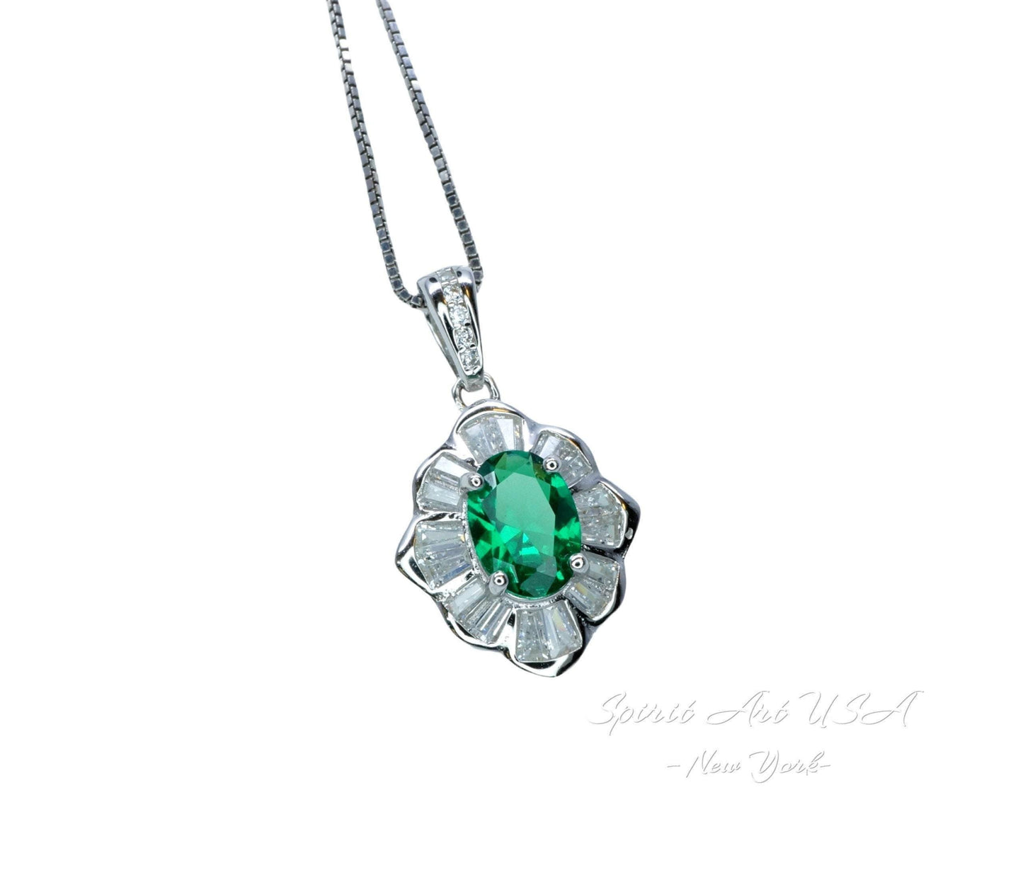 Tiny Emerald Necklace - 18kgp @ Sterling Silver - Mini Green Emerald Pendant - Gemstone Flower Style - May Birthstone #197