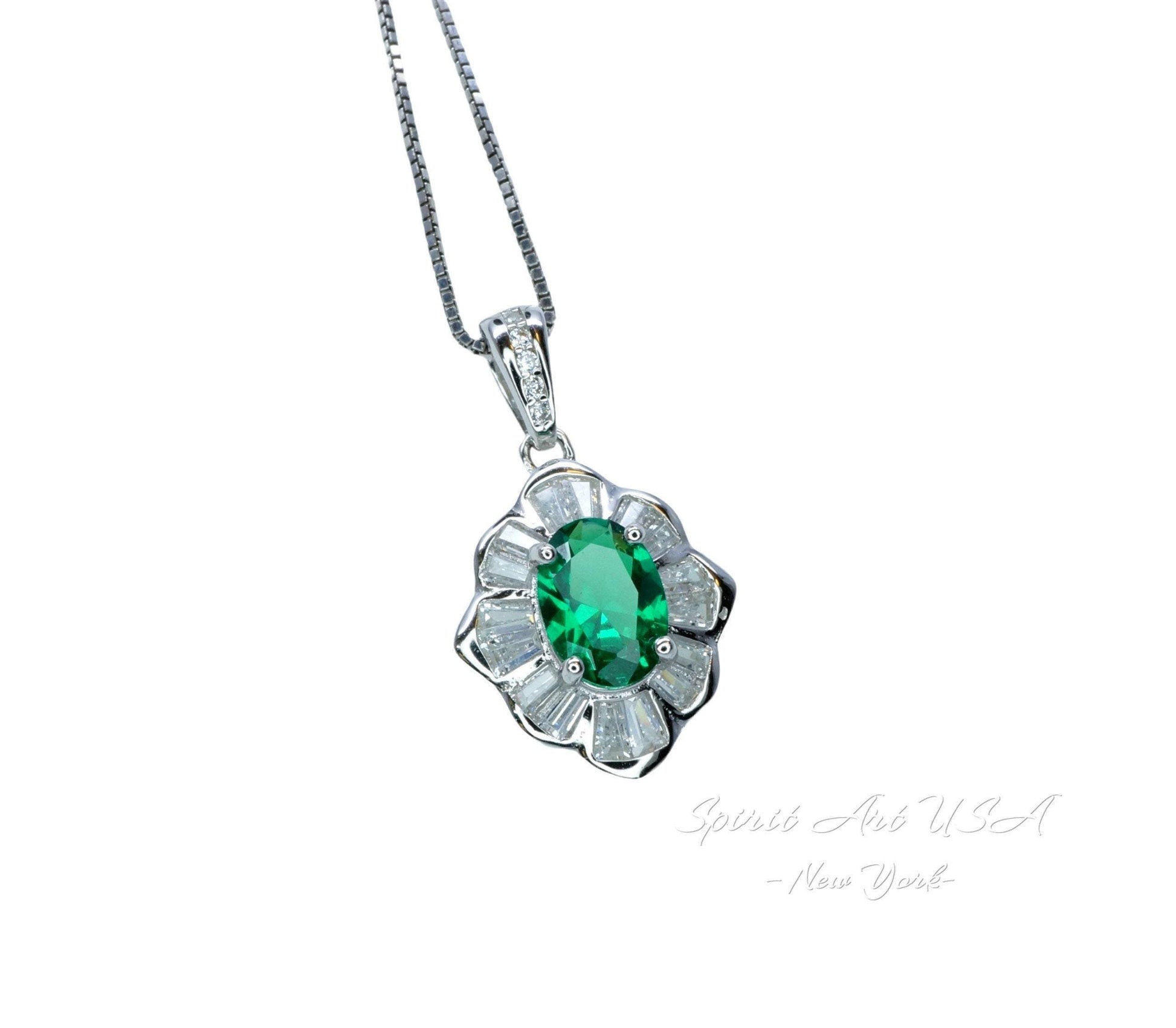 Tiny Emerald Necklace - 18kgp @ Sterling Silver - Mini Green Emerald Pendant - Gemstone Flower Style - May Birthstone #197