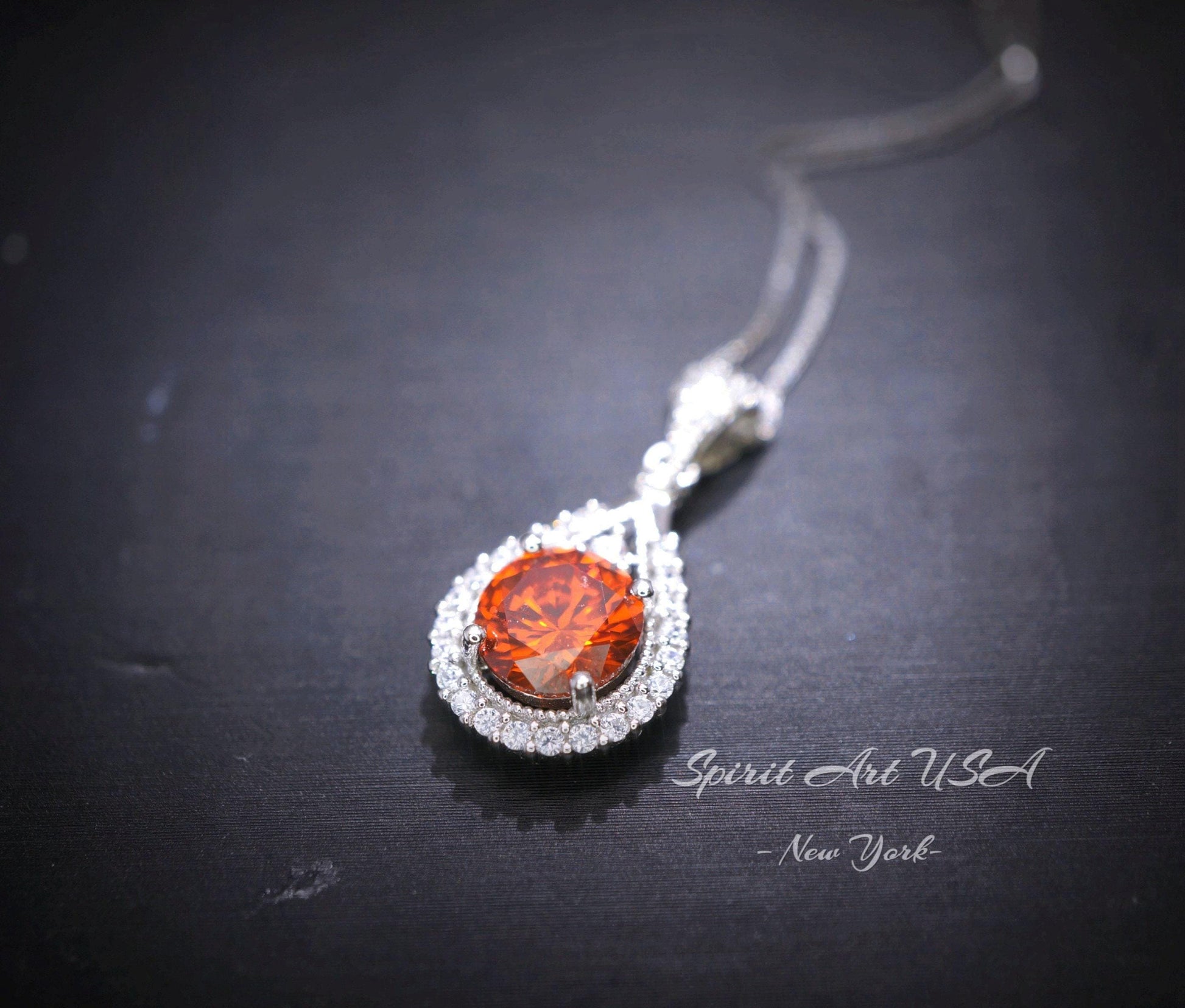 Sunstone Necklace - Tangerine Sapphire Necklace - Sterling Silver 1.8 CT Round Red Orange Spessartite Garnet Gemstone Pendant #279