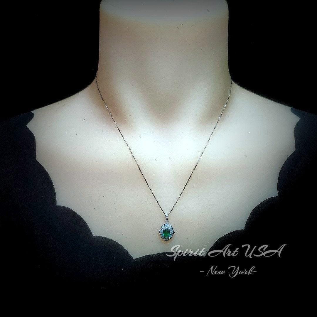 Tiny Emerald Necklace - 18kgp @ Sterling Silver - Mini Green Emerald Pendant - Gemstone Flower Style - May Birthstone #197