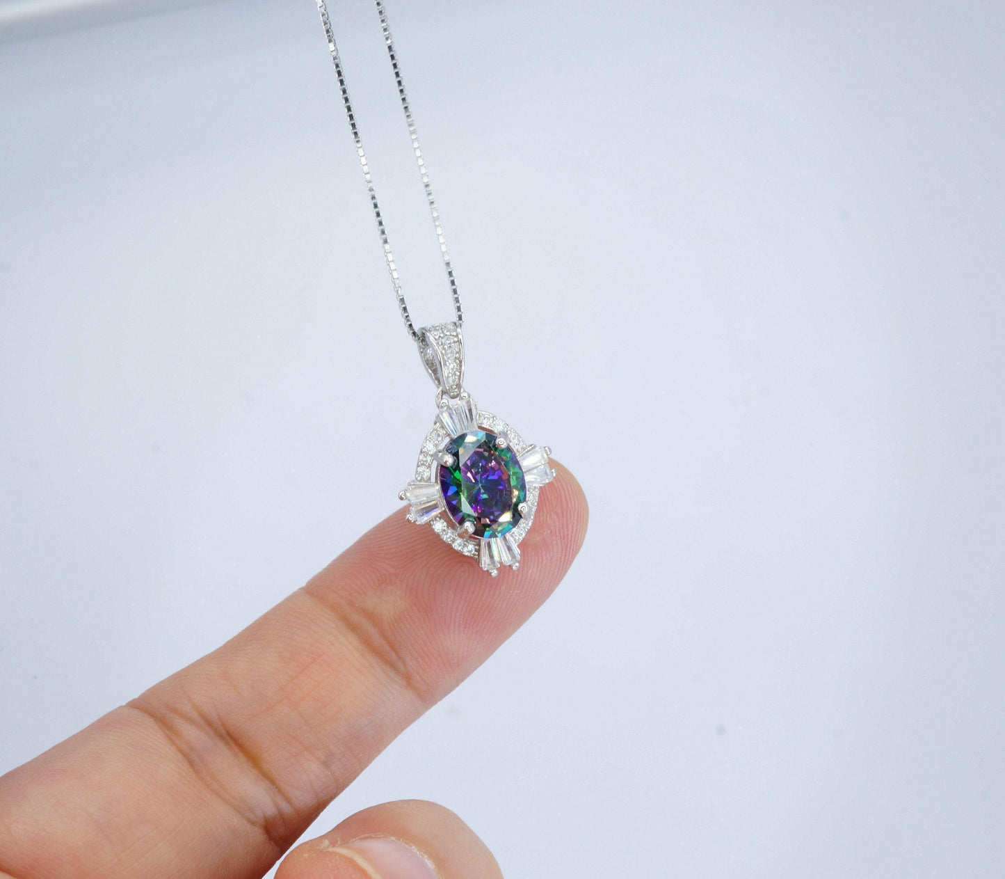 Small rainbow mystic topaz necklace sterling silver made with white gold coated Gemstone style oval cut 16" ~20" chain #193