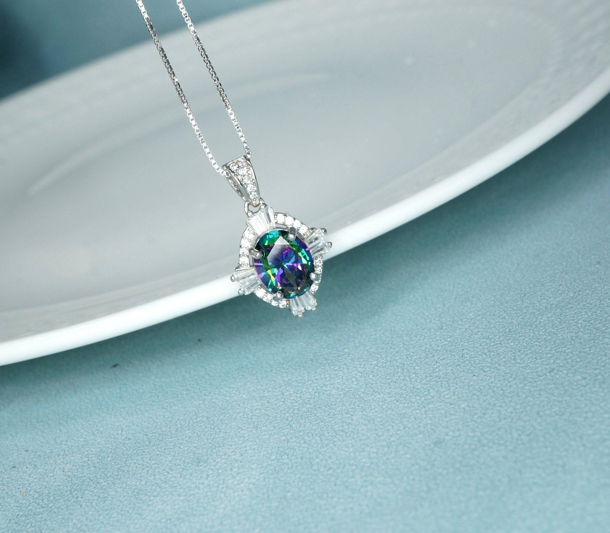 Small rainbow mystic topaz necklace sterling silver made with white gold coated Gemstone style oval cut 16" ~20" chain #193