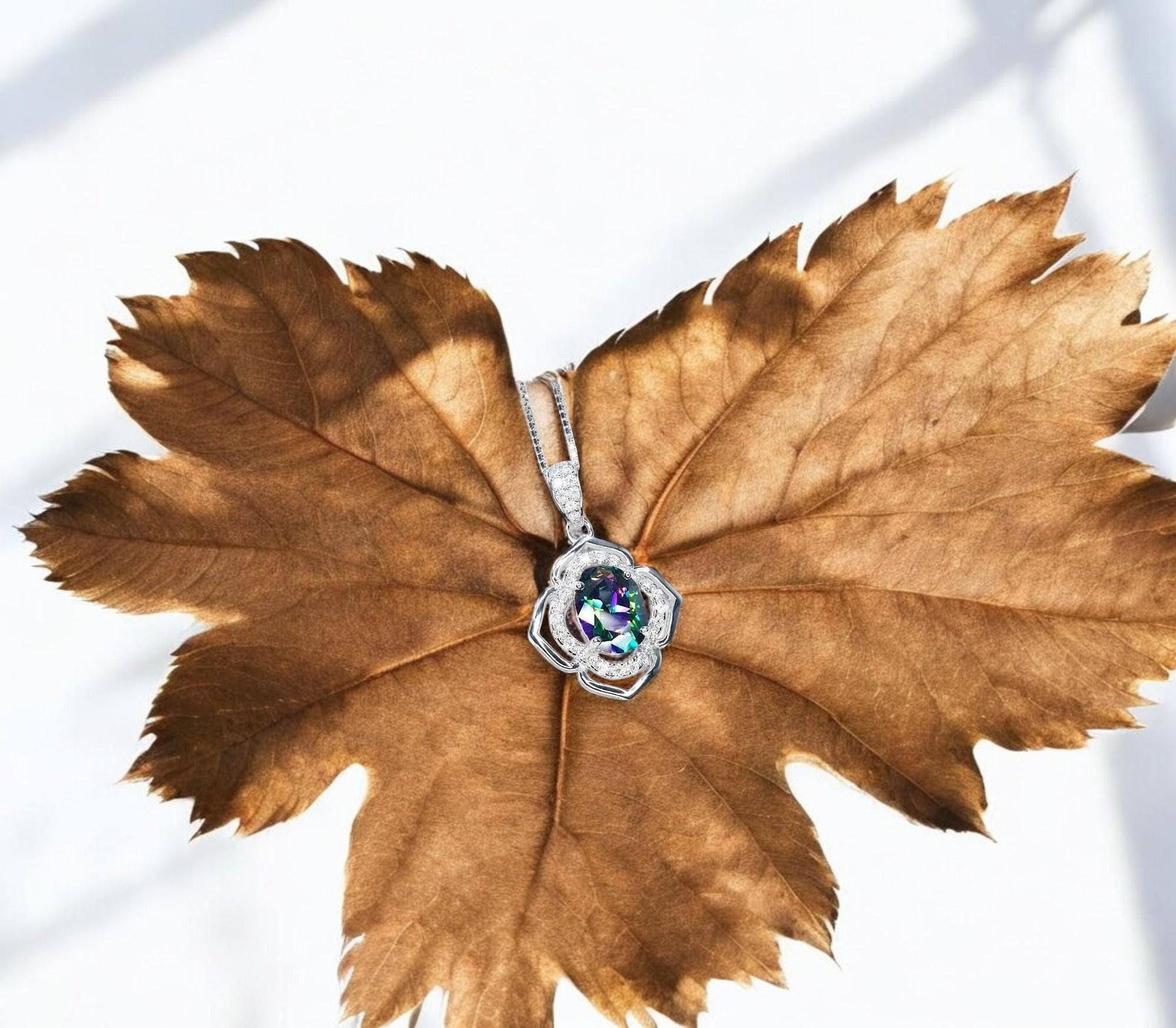 Small Mystic Topaz Necklace 1.5 ct -Sterling Silver White Gold Flower of Life Pendant #1009