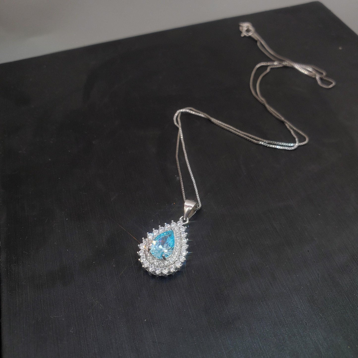 Teardrop Aquamarine Necklace Double CZ stone Circle Tiny March Birthstone Blue Aquamarine Pendant #151