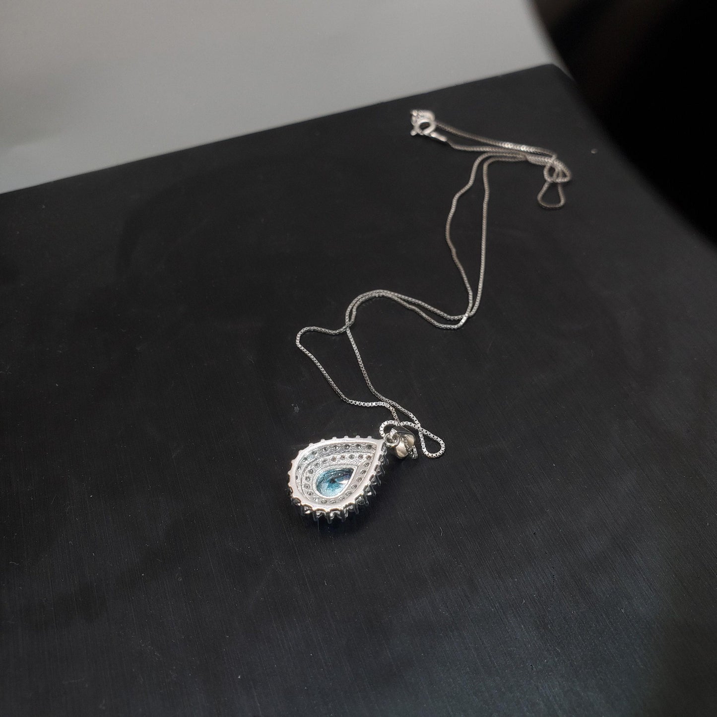 Teardrop Aquamarine Necklace Double CZ stone Circle Tiny March Birthstone Blue Aquamarine Pendant #151