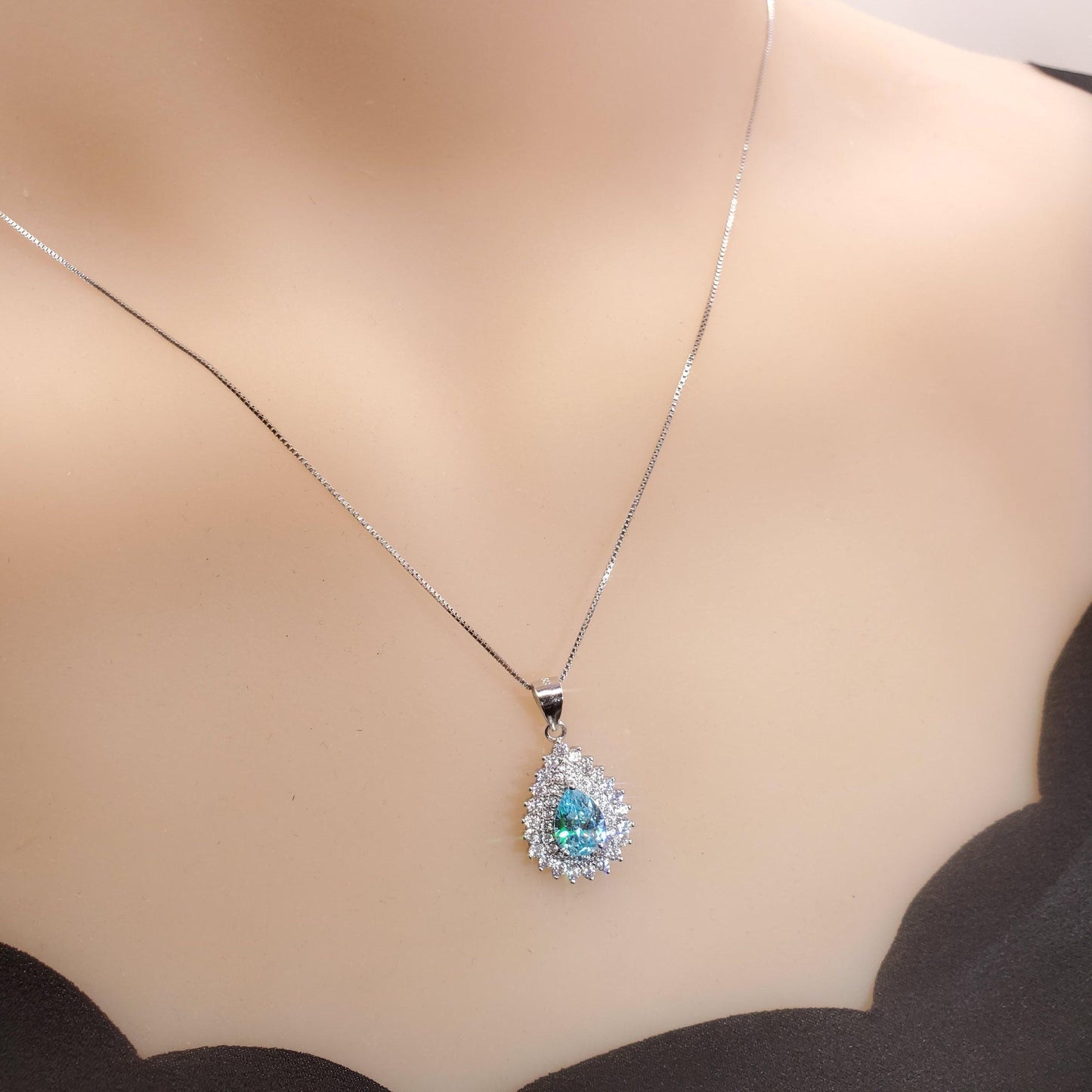 Teardrop Aquamarine Necklace Double CZ stone Circle Tiny March Birthstone Blue Aquamarine Pendant #151