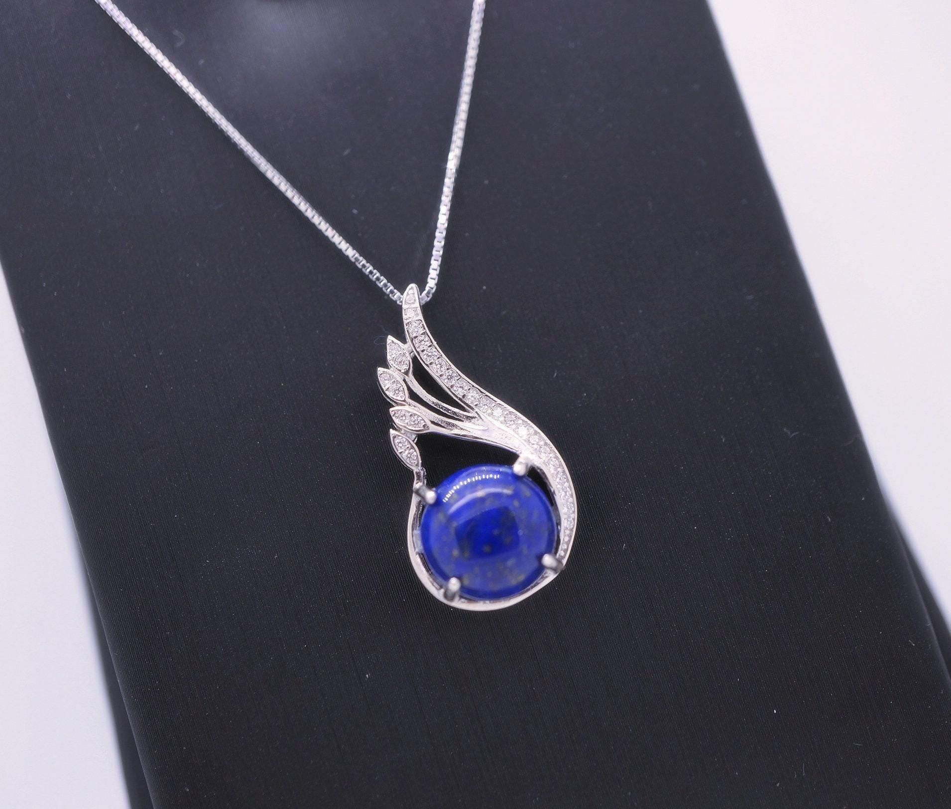 Lapis Lazuli Necklace, Full Sterling Silver Natural Cobalt Blue Vampire Diaries Necklace, Phoenix Silver Lapis Lazuli Pendant 288