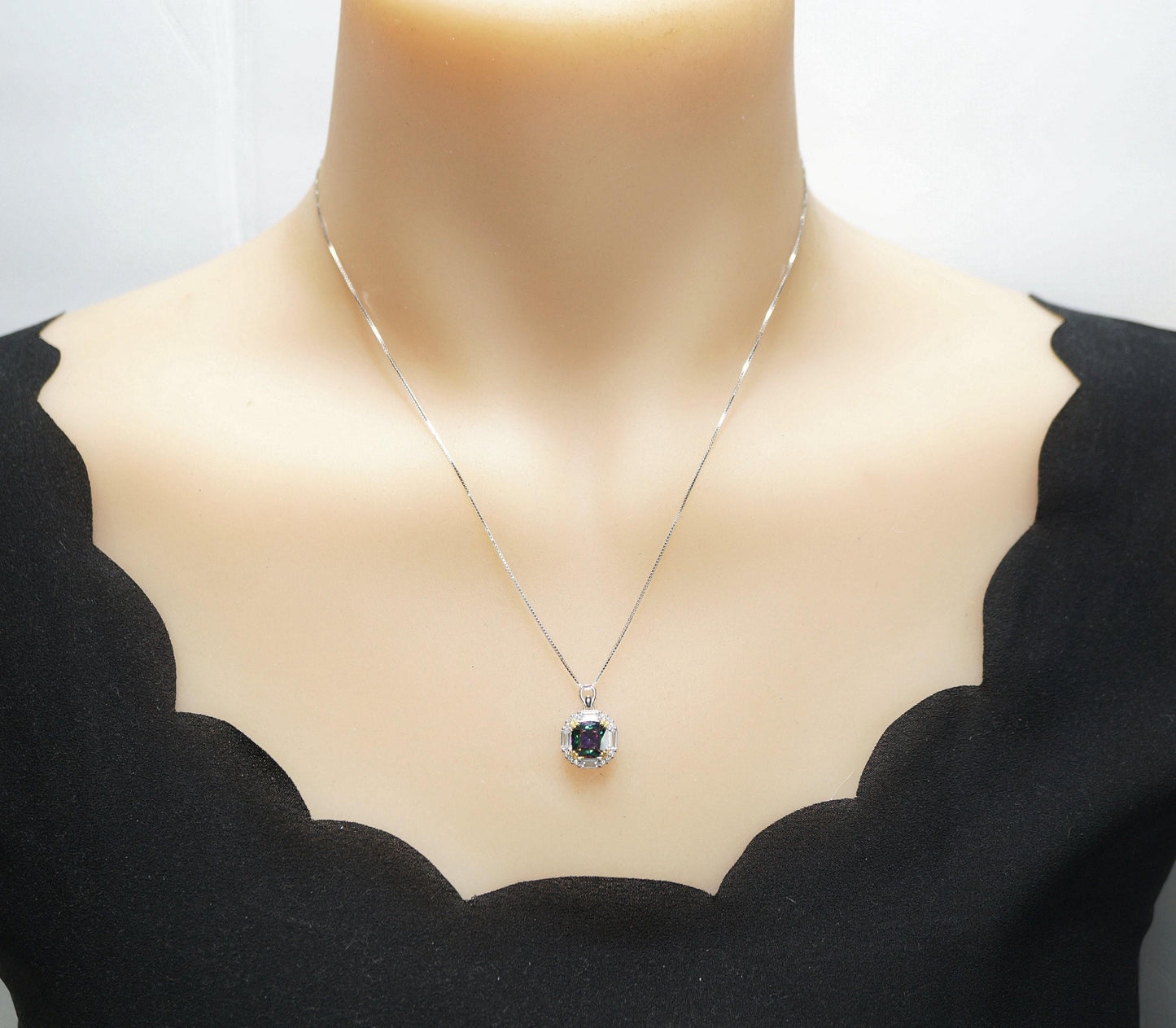 Dainty Cushion Mystic Topaz Necklace - Sterling Silver Gemstone Square Halo Solitaire Royal Rainbow Topaz Jewelry #173