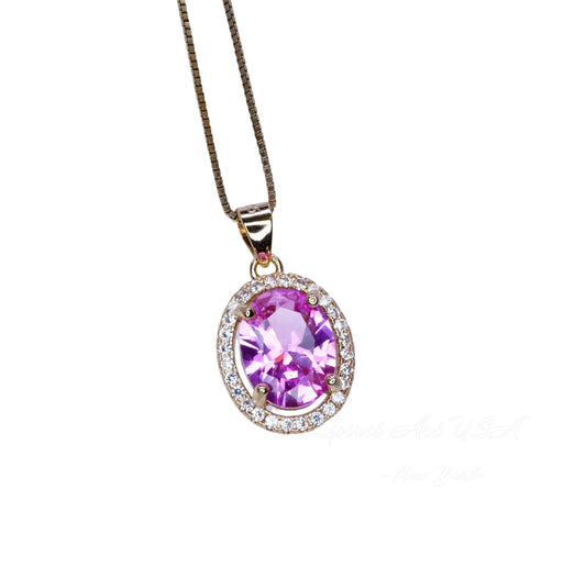 Pink Tourmaline Necklace Solitaire Pendant, October Birthstone Jewelry, 18K Gold Plated Sterling Silver, Chain Gift for Her #198