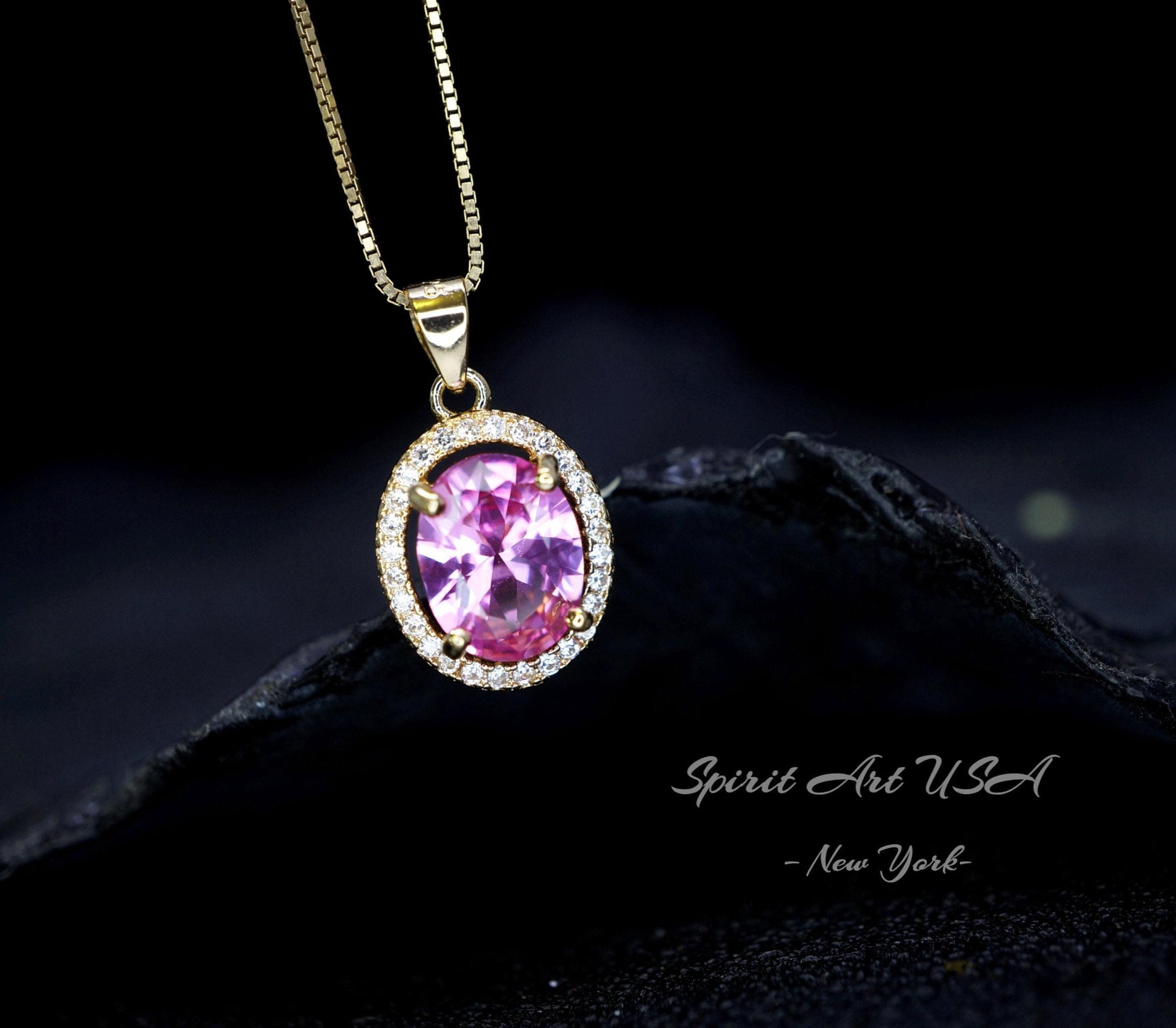 Pink Tourmaline Necklace Solitaire Pendant, October Birthstone Jewelry, 18K Gold Plated Sterling Silver, Chain Gift for Her #198