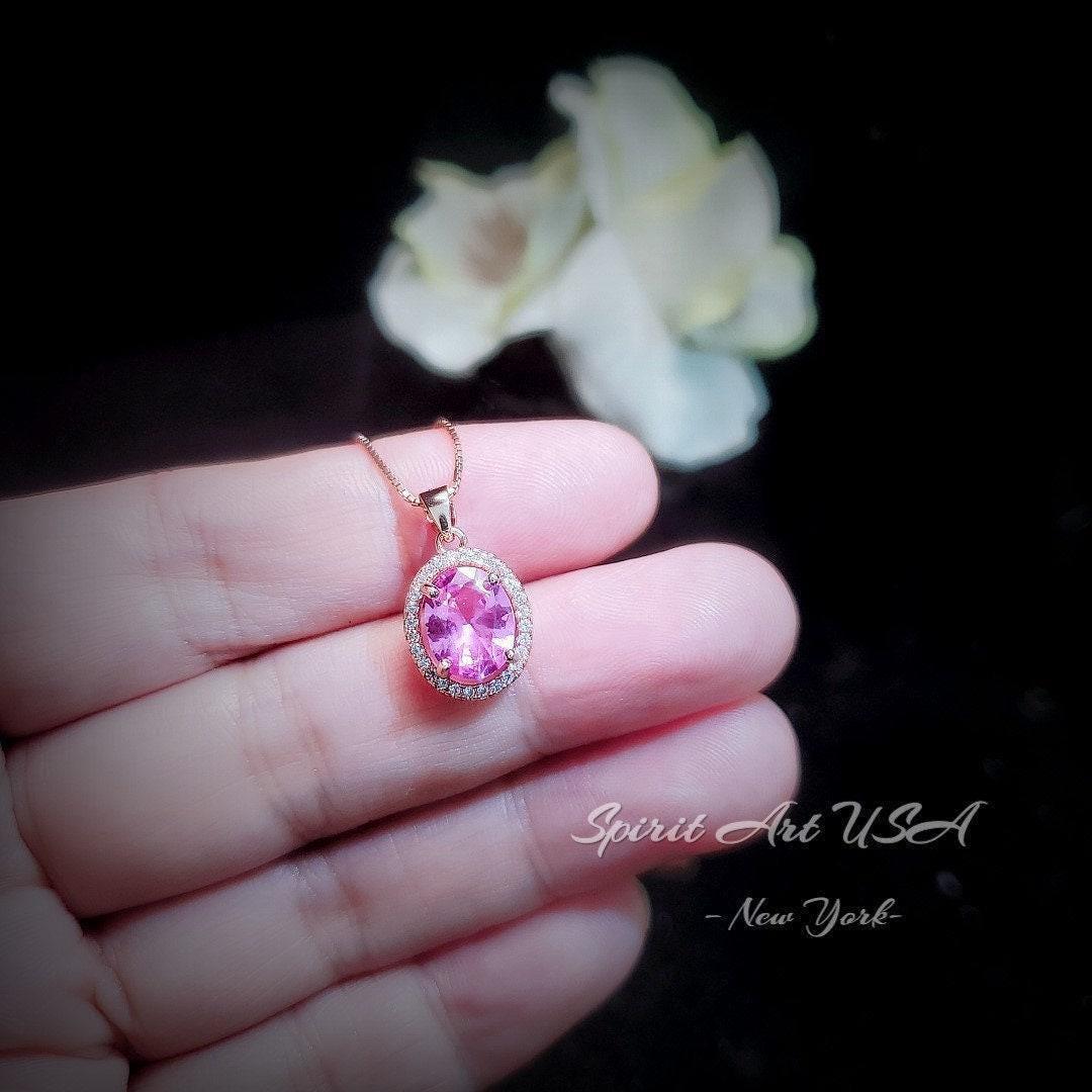 Pink Tourmaline Necklace Solitaire Pendant, October Birthstone Jewelry, 18K Gold Plated Sterling Silver, Chain Gift for Her #198