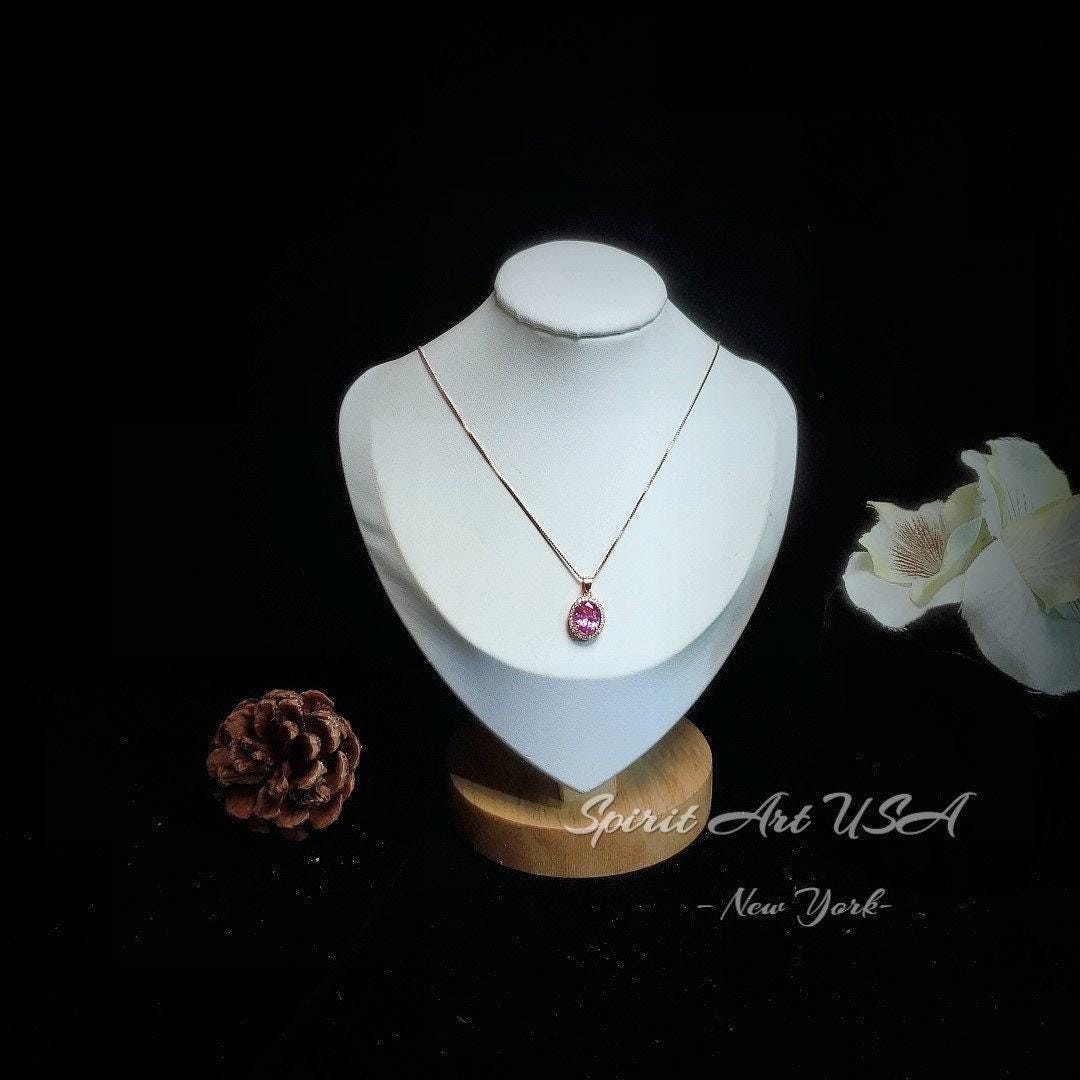 Pink Tourmaline Necklace Solitaire Pendant, October Birthstone Jewelry, 18K Gold Plated Sterling Silver, Chain Gift for Her #198