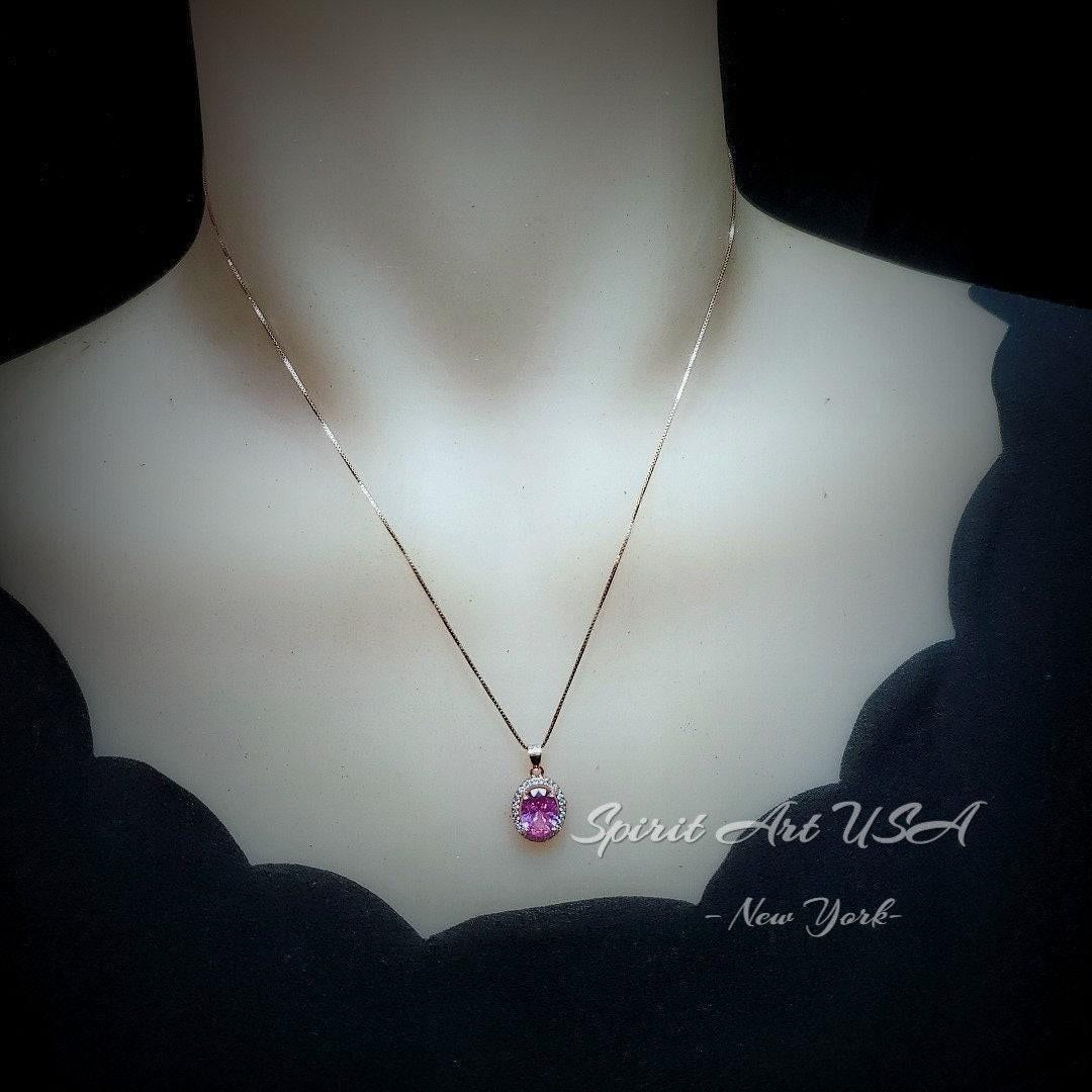 Pink Tourmaline Necklace Solitaire Pendant, October Birthstone Jewelry, 18K Gold Plated Sterling Silver, Chain Gift for Her #198