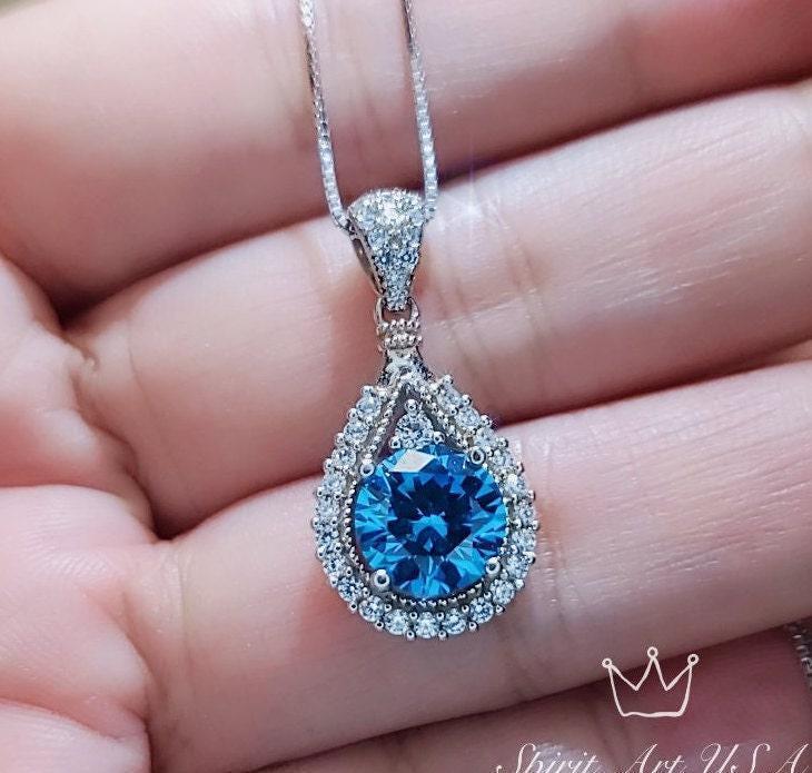 Round blue topaz necklace sterling silver made white yellow rose gold Chain birthstone jewelry 291
