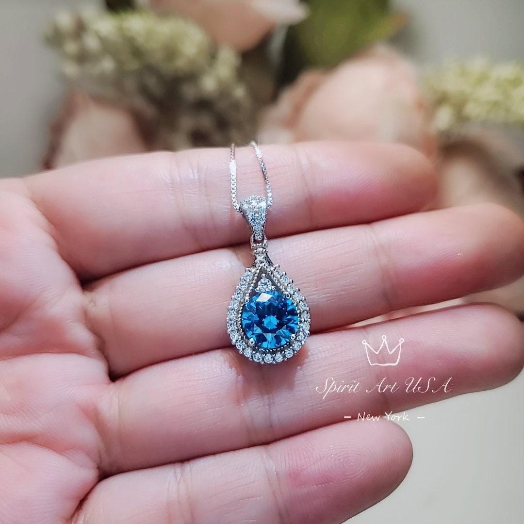 Round blue topaz necklace sterling silver made white yellow rose gold Chain birthstone jewelry 291