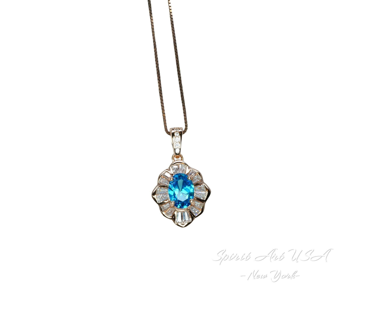 Bloom-style Blue Topaz Necklace, Rose Gold Overlay, Sterling Silver, Artistic Tiny Pendant #191