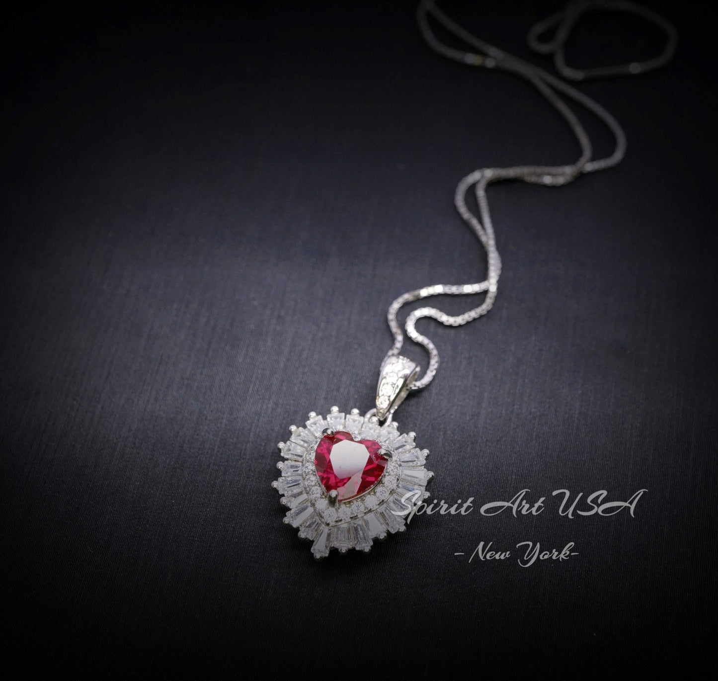 Double Halo Ruby Necklace - Red Ruby Heart Pendant - 18KGP @ Sterling Silver - Dainty Ruby Pendant - July Birthstone #268