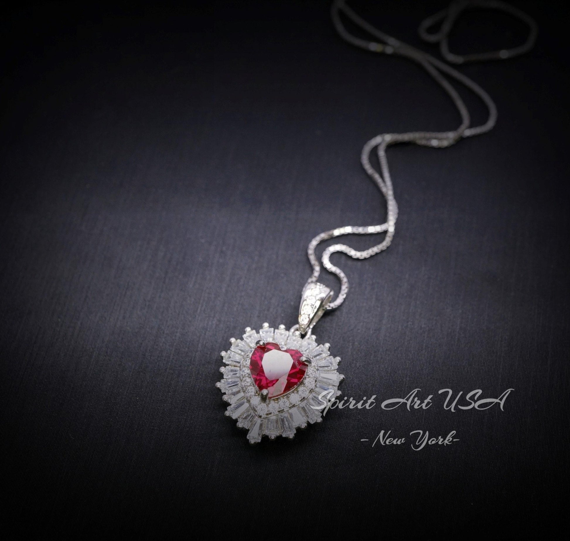 Double Halo Ruby Necklace - Red Ruby Heart Pendant - 18KGP @ Sterling Silver - Dainty Ruby Pendant - July Birthstone #268