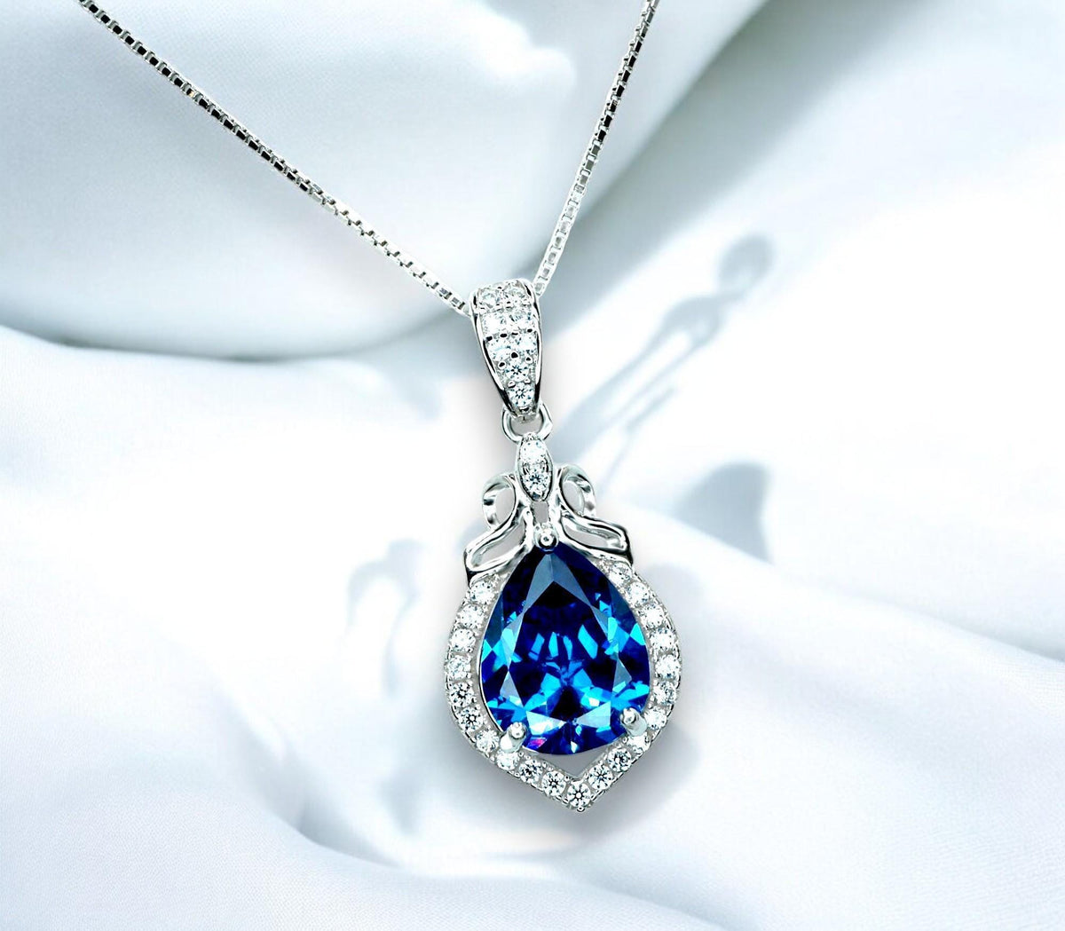 Blue sapphire necklace - 18kgp @ sterling silver - September Birthstone - Pear Cut Teardrop Blue Sapphire Pendant Chain #315